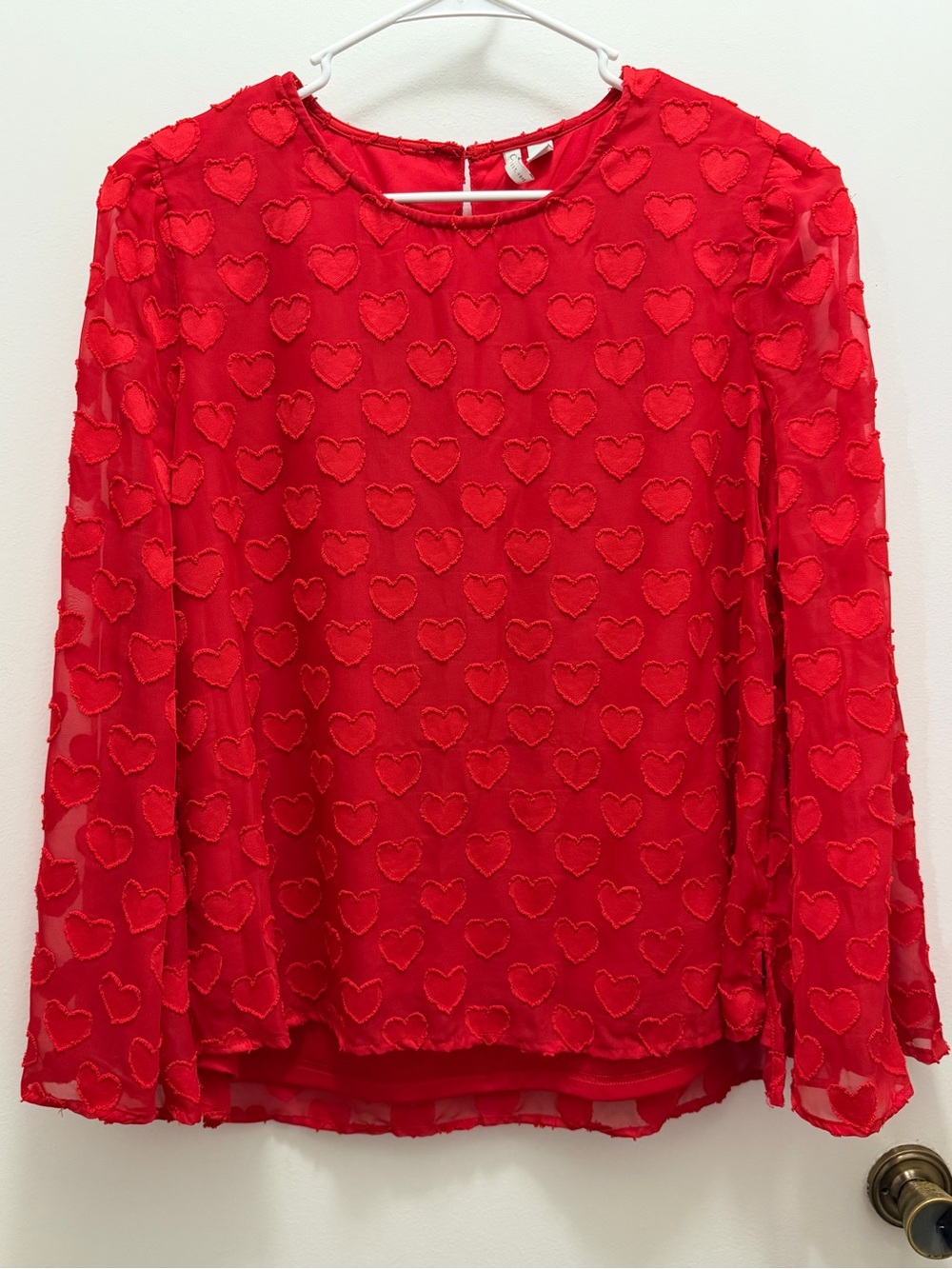 Cato Red Sheer Heart-Appliqué Long Sleeve Blouse